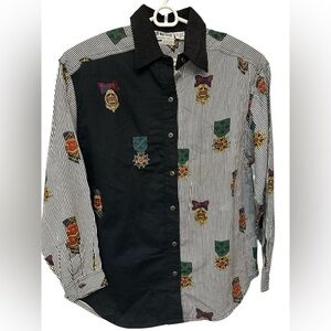 Way To Go Vintage Striped Black and White Medal Graphic Button Down Shirt NWT